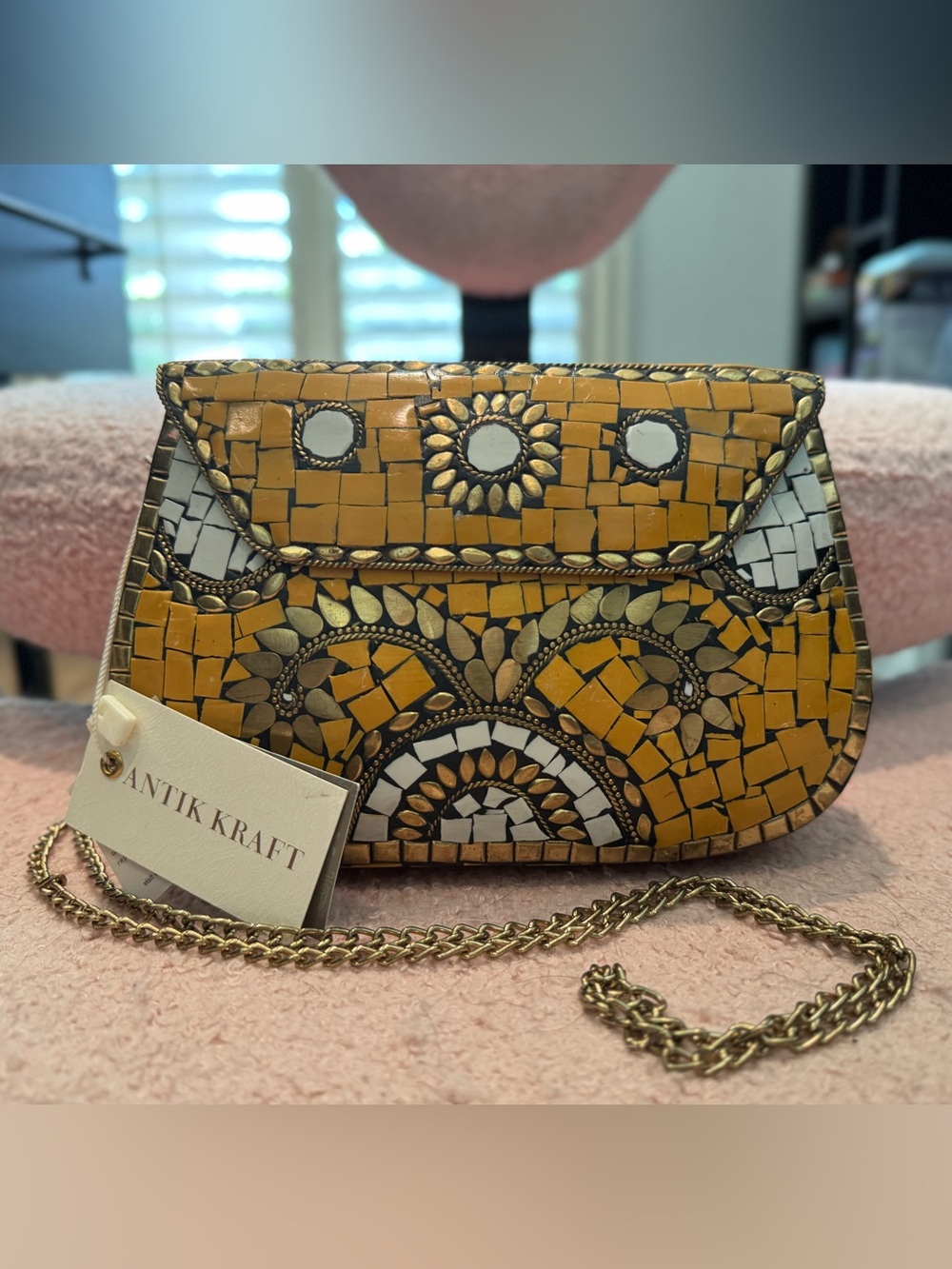 Antik Kraft Yellow Mosaic Crossbody Bag with Gold Accents